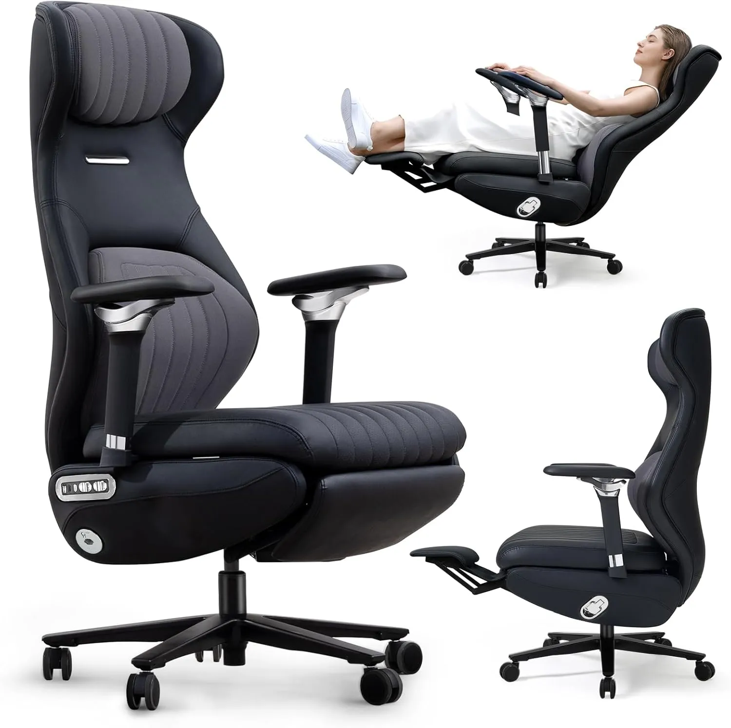 EMIAH Ergonomic Office Chair with Foot Rest Electric Reclining Office Chair with Adjustable Headrest, 8D Coordinated Armrests High Back Computer Chair with Lumbar Support,Sustainable Leather(Black)