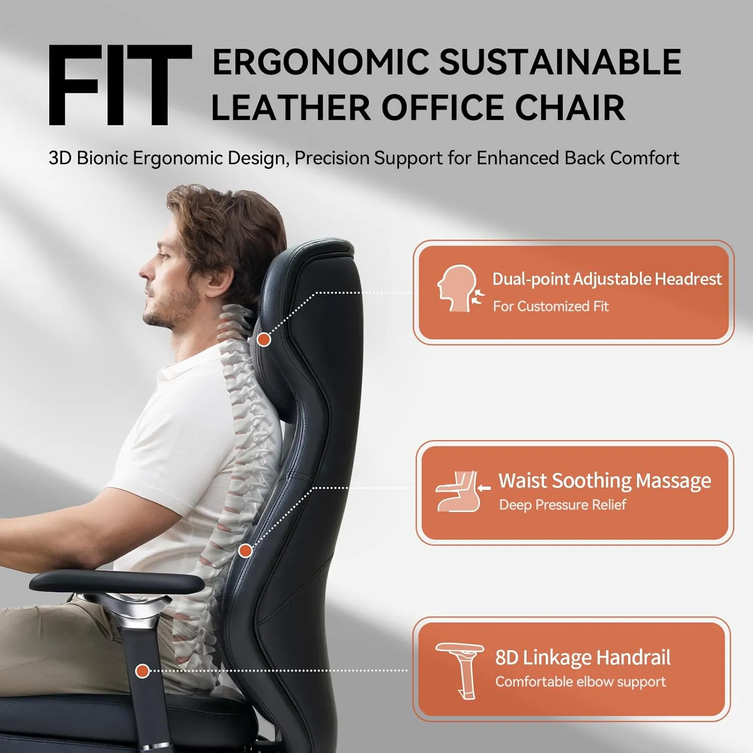 EMIAH Ergonomic Office Chair with Foot Rest Electric Reclining Office Chair with Adjustable Headrest, 8D Coordinated Armrests High Back Computer Chair with Lumbar Support,Sustainable Leather(Black)