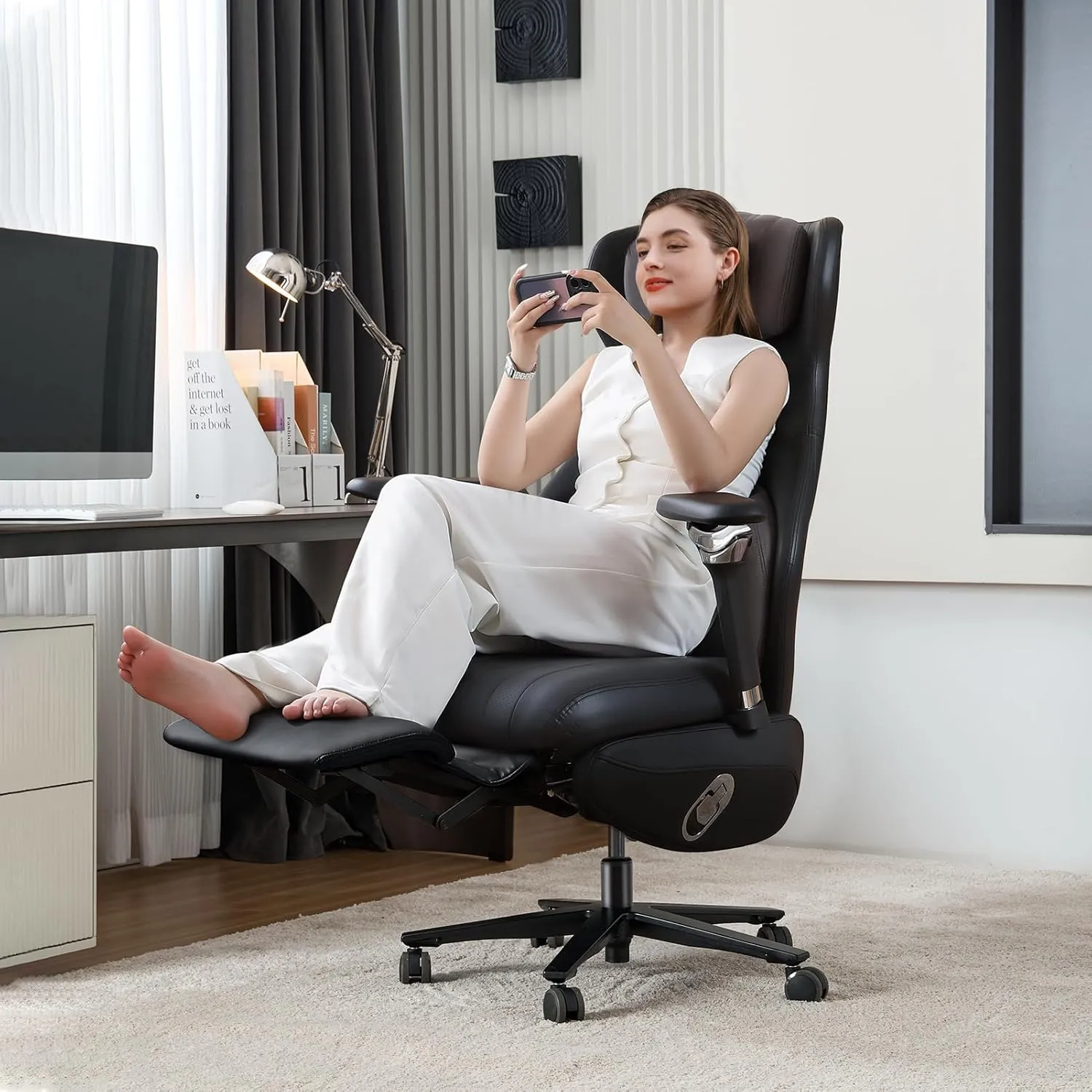 EMIAH Ergonomic Office Chair with Foot Rest Electric Reclining Office Chair with Adjustable Headrest, 8D Coordinated Armrests High Back Computer Chair with Lumbar Support,Sustainable Leather(Black)