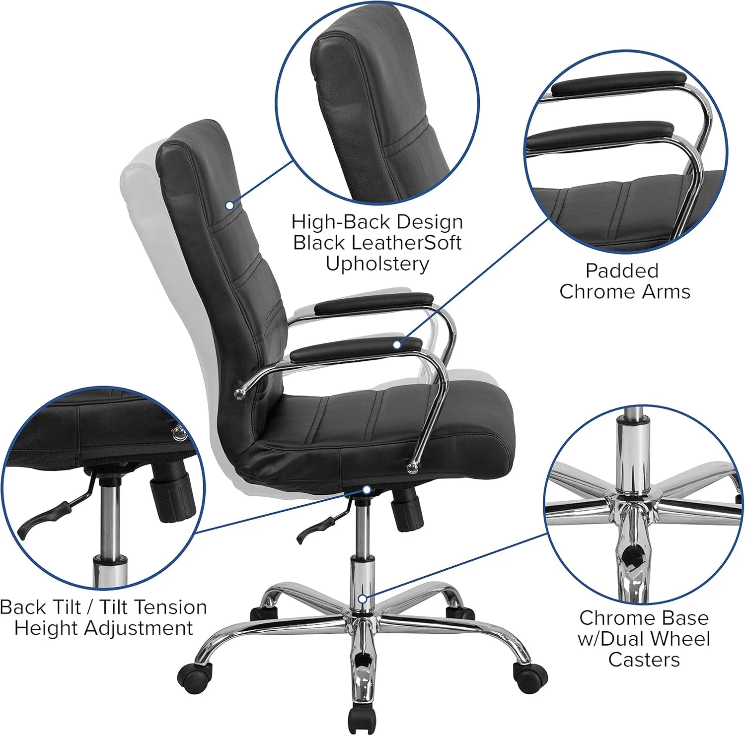 EMMA   OLIVER High Back Black LeatherSoft Executive Swivel Office Chair with Chrome Frame/Arms