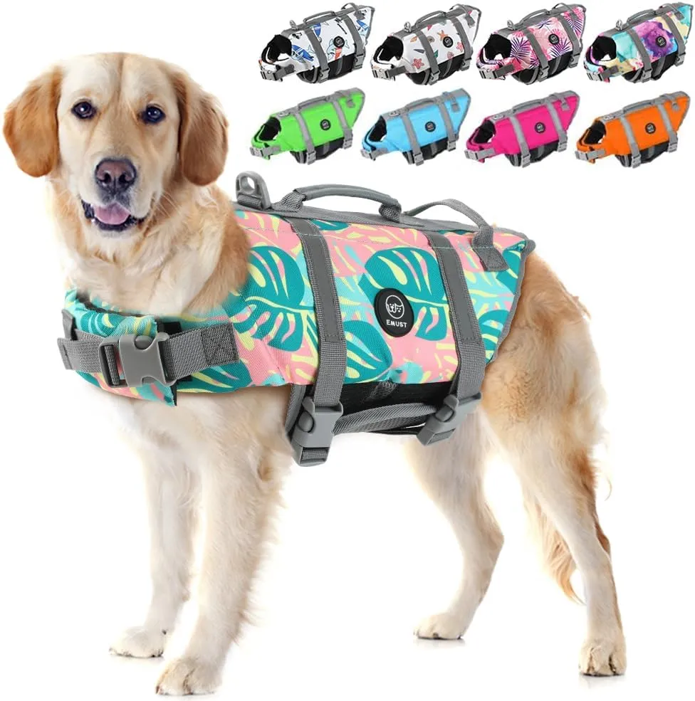 EMUST Life Jackets for Dogs, Adjustable Small/Medium/Large Dog Swim Vest for Water Safety Pet Life Vest with Rescue Handle Safety Vest for Swimming Pool Beach Boating, XL, Greenleaf