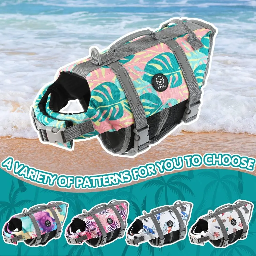 EMUST Life Jackets for Dogs, Adjustable Small/Medium/Large Dog Swim Vest for Water Safety Pet Life Vest with Rescue Handle Safety Vest for Swimming Pool Beach Boating, XL, Greenleaf