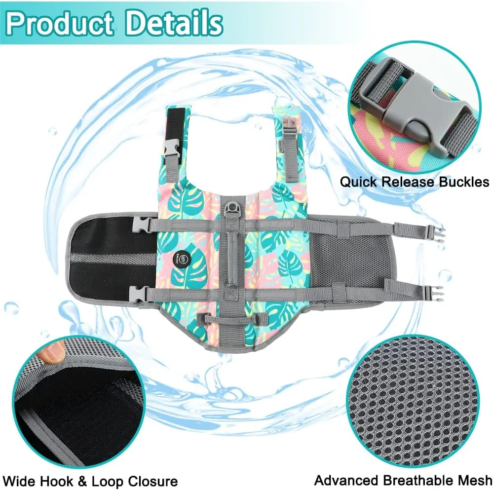 EMUST Life Jackets for Dogs, Adjustable Small/Medium/Large Dog Swim Vest for Water Safety Pet Life Vest with Rescue Handle Safety Vest for Swimming Pool Beach Boating, XL, Greenleaf