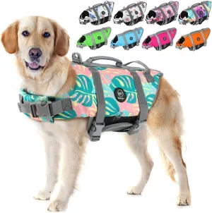 EMUST Life Jackets for Dogs, Adjustable Small/Medium/Large Dog Swim Vest for Water Safety Pet Life Vest with Rescue Handle Safety Vest for Swimming Pool Beach Boating, XL, Greenleaf