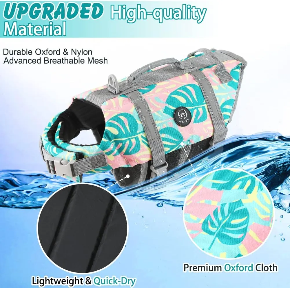 EMUST Life Jackets for Dogs, Adjustable Small/Medium/Large Dog Swim Vest for Water Safety Pet Life Vest with Rescue Handle Safety Vest for Swimming Pool Beach Boating, XL, Greenleaf