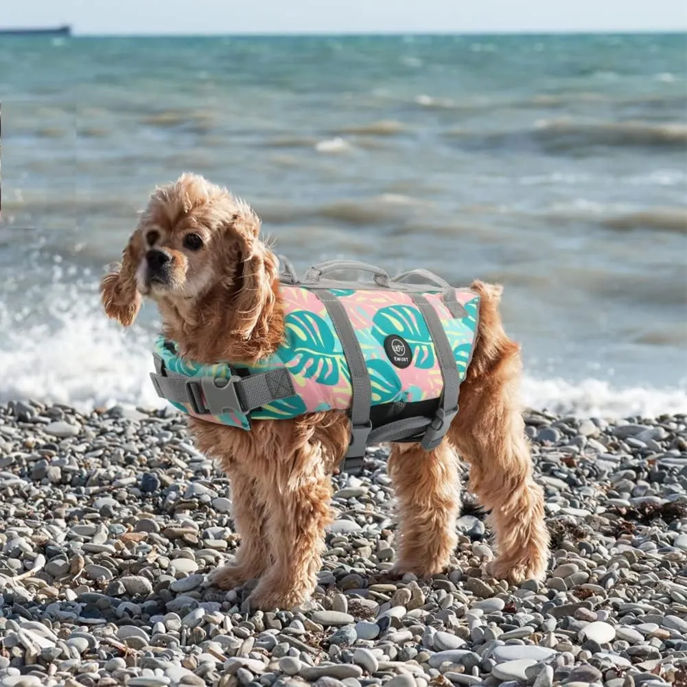 EMUST Life Jackets for Dogs, Adjustable Small/Medium/Large Dog Swim Vest for Water Safety Pet Life Vest with Rescue Handle Safety Vest for Swimming Pool Beach Boating, XL, Greenleaf