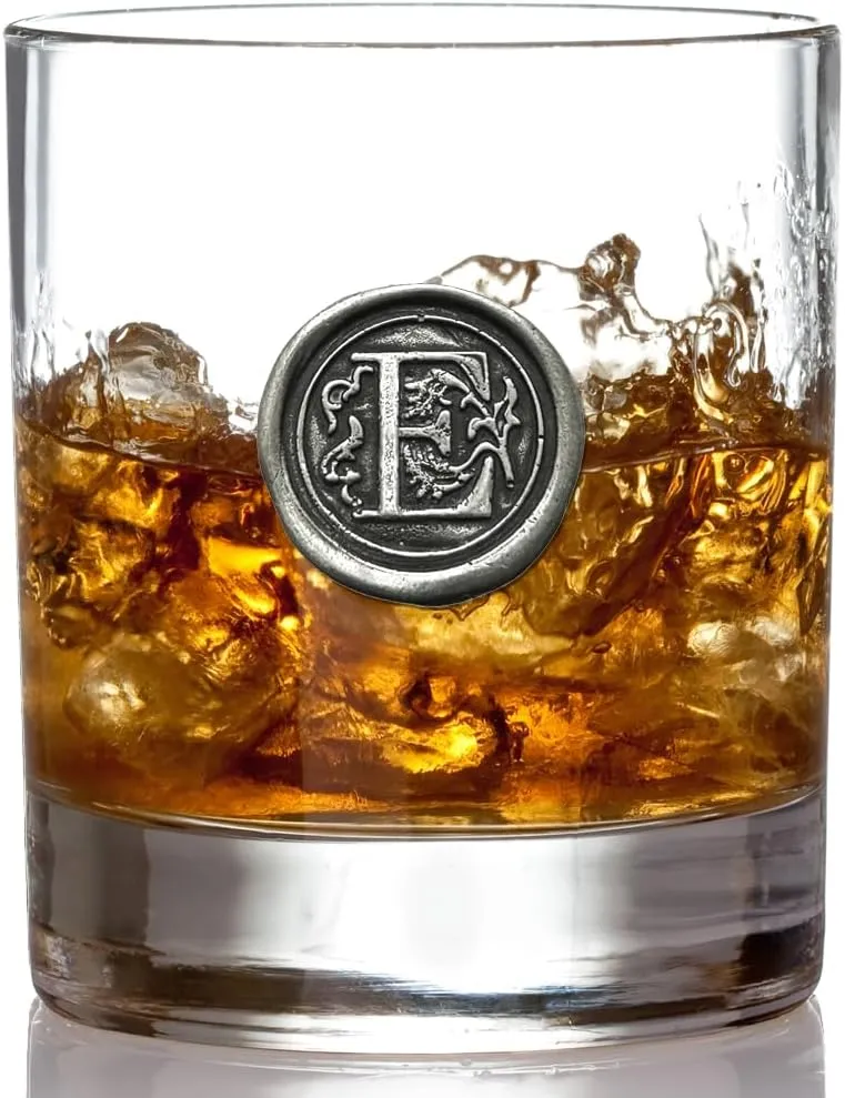 English Pewter Company 11oz Old Fashioned Whiskey Rocks Glass With Monogram Initial - Unique Gifts For Men - Personalized Gifts With Your Choice of Initial (E) MON105