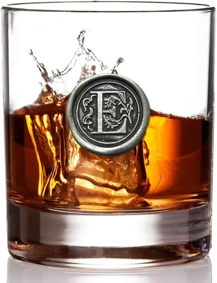 English Pewter Company 11oz Old Fashioned Whiskey Rocks Glass With Monogram Initial - Unique Gifts For Men - Personalized Gifts With Your Choice of Initial (E) MON105
