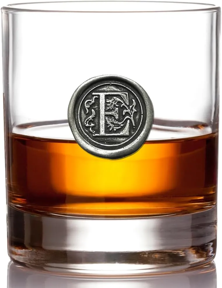 English Pewter Company 11oz Old Fashioned Whiskey Rocks Glass With Monogram Initial - Unique Gifts For Men - Personalized Gifts With Your Choice of Initial (E) MON105