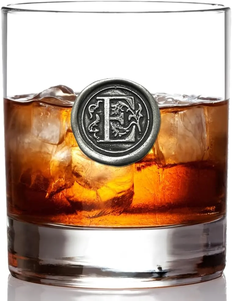 English Pewter Company 11oz Old Fashioned Whiskey Rocks Glass With Monogram Initial - Unique Gifts For Men - Personalized Gifts With Your Choice of Initial (E) MON105