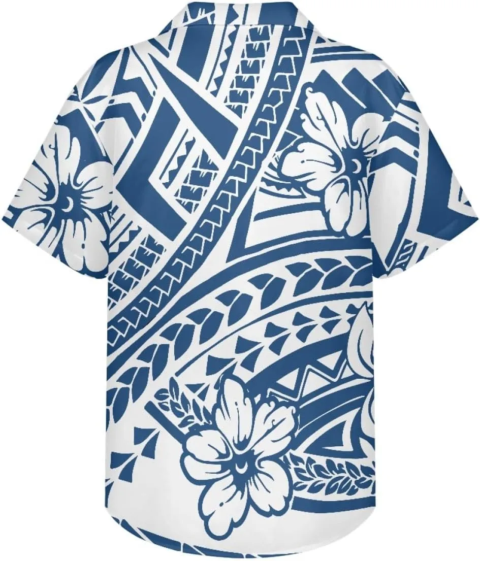 ENLACHIC Men's Polynesian Tribal Print Casual Short Sleeve Button Down Summer Beach Aloha Hawaiian Shirts