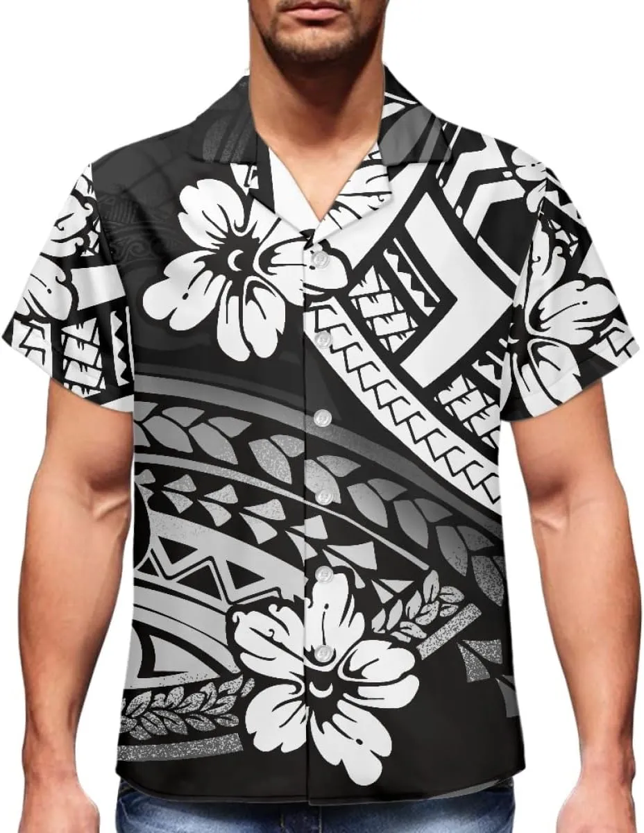 ENLACHIC Men's Polynesian Tribal Print Casual Short Sleeve Button Down Summer Beach Aloha Hawaiian Shirts
