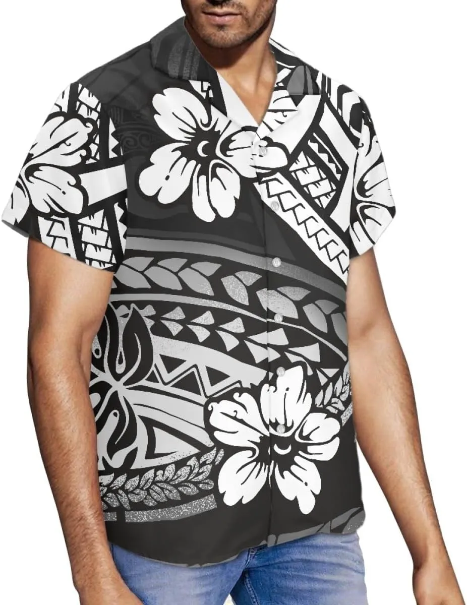 ENLACHIC Men's Polynesian Tribal Print Casual Short Sleeve Button Down Summer Beach Aloha Hawaiian Shirts