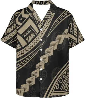 ENLACHIC Men's Polynesian Tribal Print Casual Short Sleeve Button Down Summer Beach Aloha Hawaiian Shirts