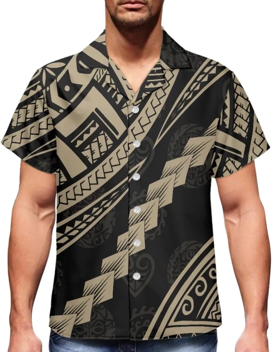 ENLACHIC Men's Polynesian Tribal Print Casual Short Sleeve Button Down Summer Beach Aloha Hawaiian Shirts