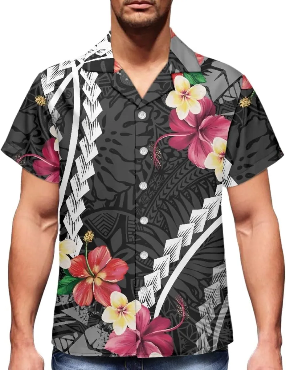 ENLACHIC Men's Polynesian Tribal Print Casual Short Sleeve Button Down Summer Beach Aloha Hawaiian Shirts