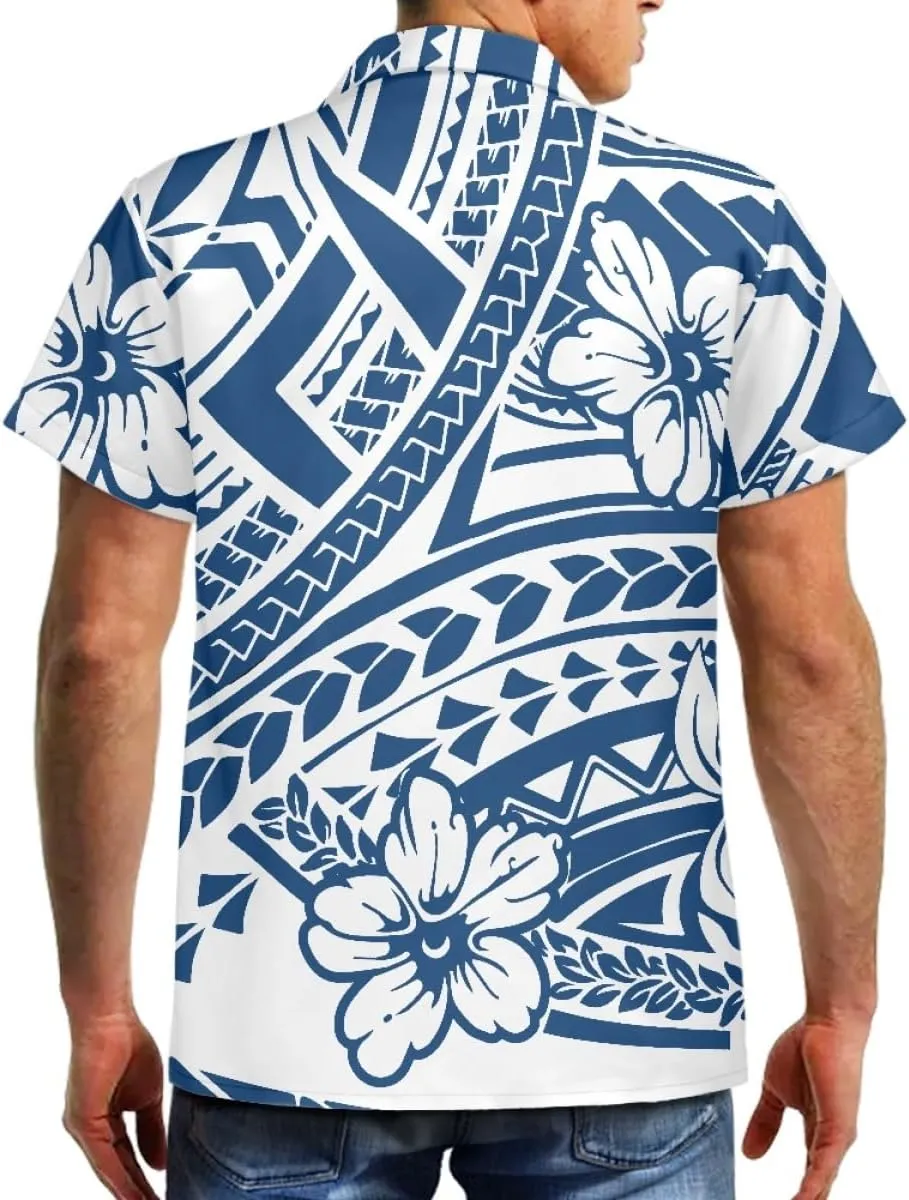 ENLACHIC Men's Polynesian Tribal Print Casual Short Sleeve Button Down Summer Beach Aloha Hawaiian Shirts
