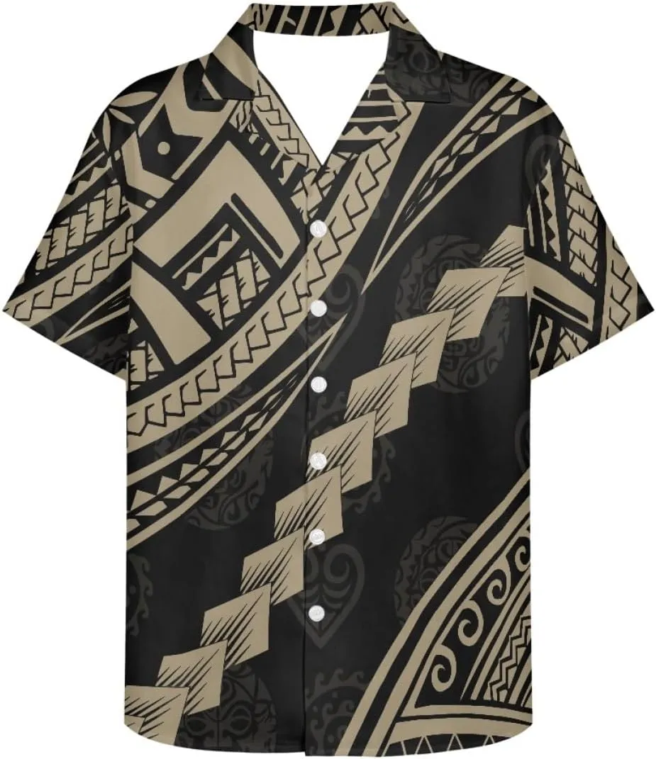 ENLACHIC Men's Polynesian Tribal Print Casual Short Sleeve Button Down Summer Beach Aloha Hawaiian Shirts