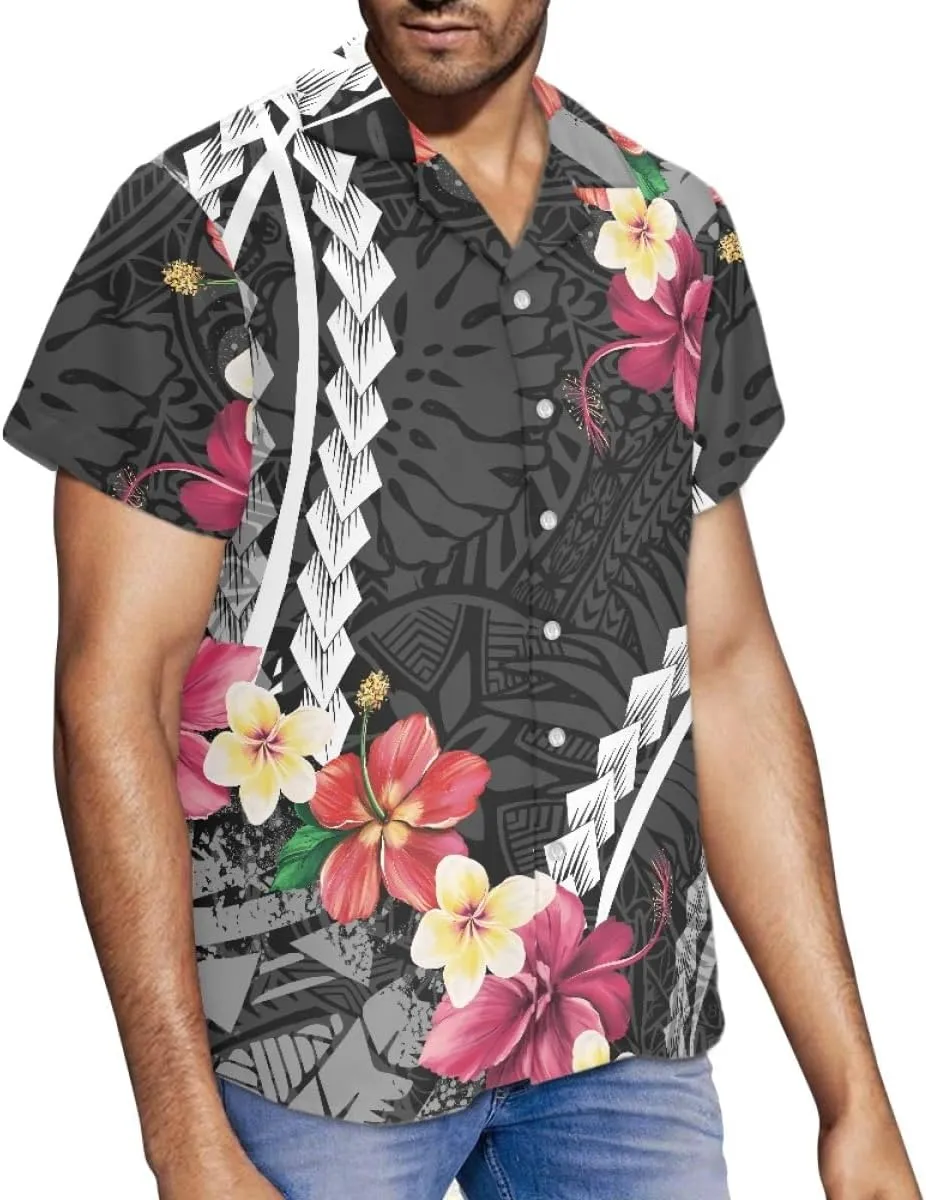 ENLACHIC Men's Polynesian Tribal Print Casual Short Sleeve Button Down Summer Beach Aloha Hawaiian Shirts