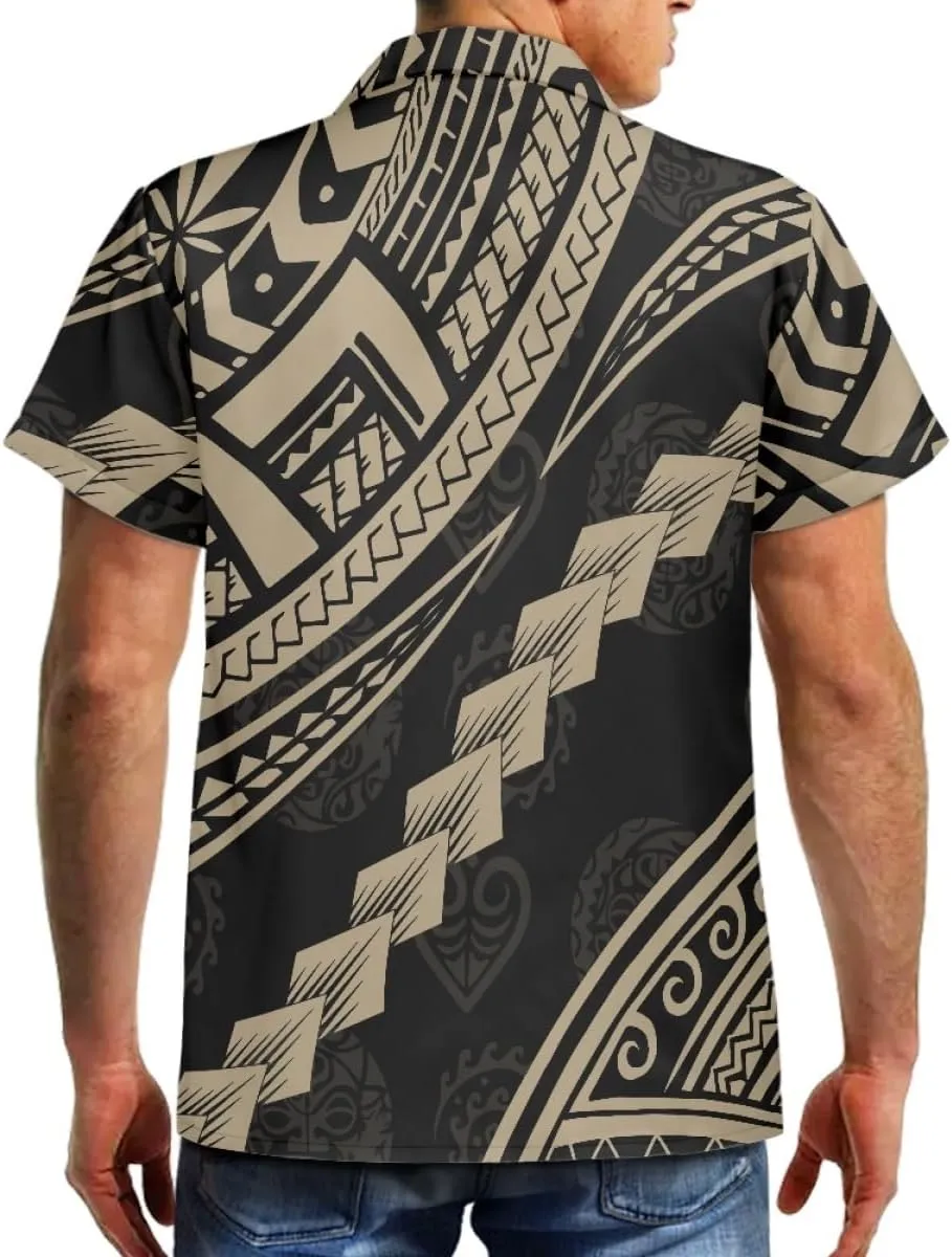 ENLACHIC Men's Polynesian Tribal Print Casual Short Sleeve Button Down Summer Beach Aloha Hawaiian Shirts