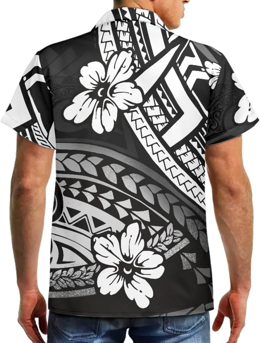ENLACHIC Men's Polynesian Tribal Print Casual Short Sleeve Button Down Summer Beach Aloha Hawaiian Shirts