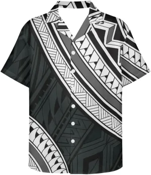 ENLACHIC Men's Polynesian Tribal Print Casual Short Sleeve Button Down Summer Beach Aloha Hawaiian Shirts