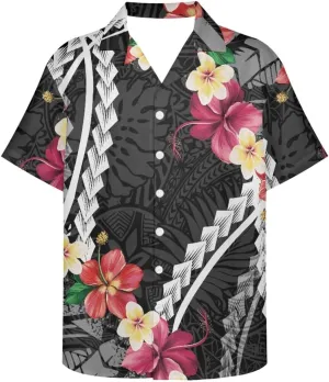 ENLACHIC Men's Polynesian Tribal Print Casual Short Sleeve Button Down Summer Beach Aloha Hawaiian Shirts