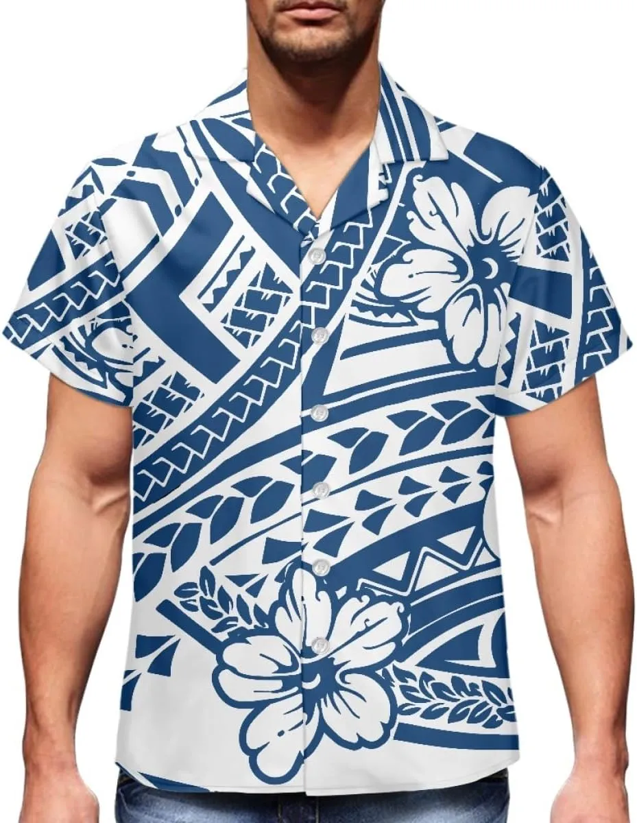 ENLACHIC Men's Polynesian Tribal Print Casual Short Sleeve Button Down Summer Beach Aloha Hawaiian Shirts