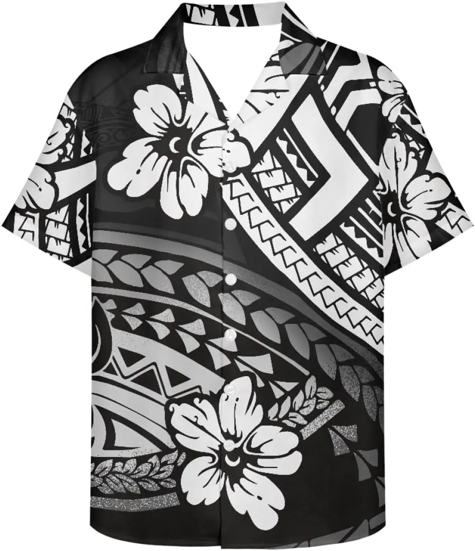 ENLACHIC Men's Polynesian Tribal Print Casual Short Sleeve Button Down Summer Beach Aloha Hawaiian Shirts
