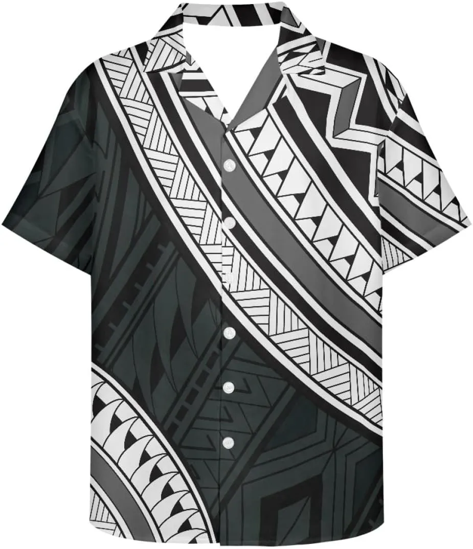 ENLACHIC Men's Polynesian Tribal Print Casual Short Sleeve Button Down Summer Beach Aloha Hawaiian Shirts