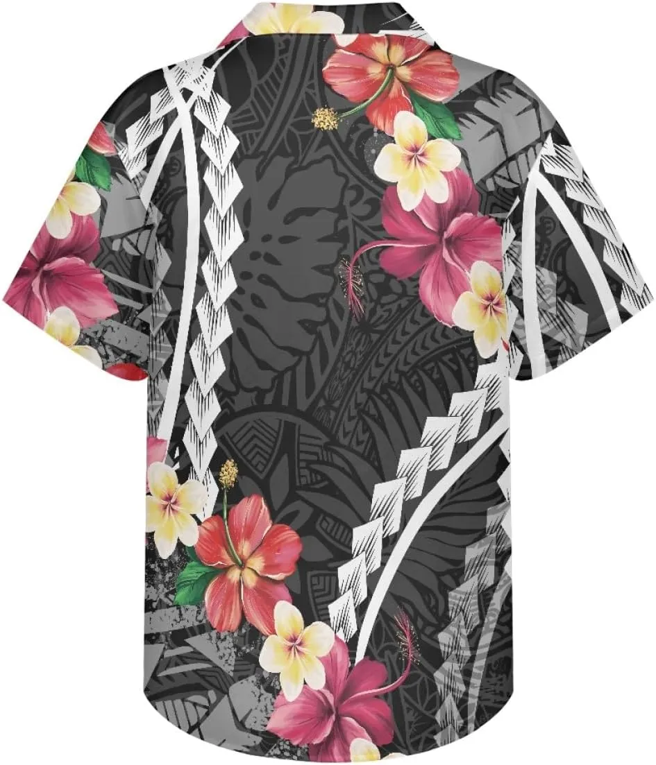 ENLACHIC Men's Polynesian Tribal Print Casual Short Sleeve Button Down Summer Beach Aloha Hawaiian Shirts