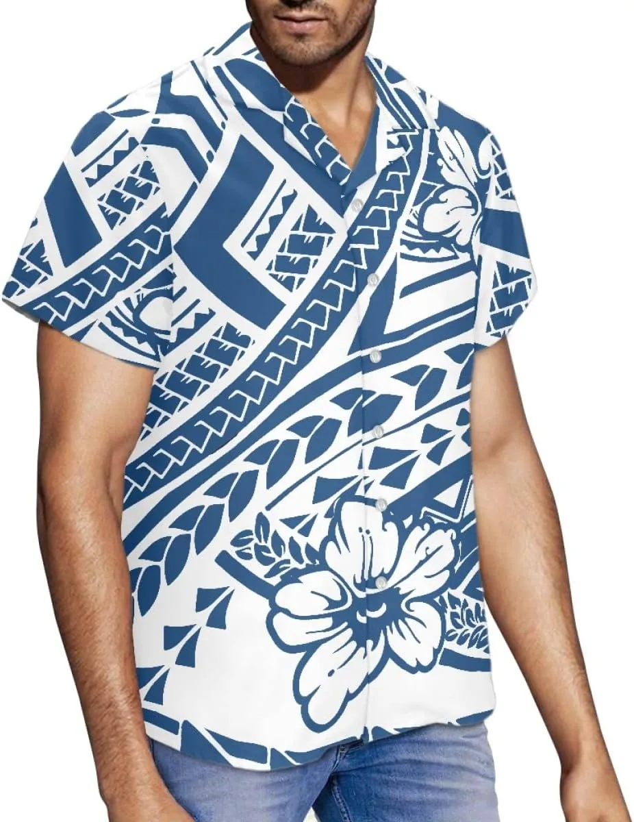 ENLACHIC Men's Polynesian Tribal Print Casual Short Sleeve Button Down Summer Beach Aloha Hawaiian Shirts