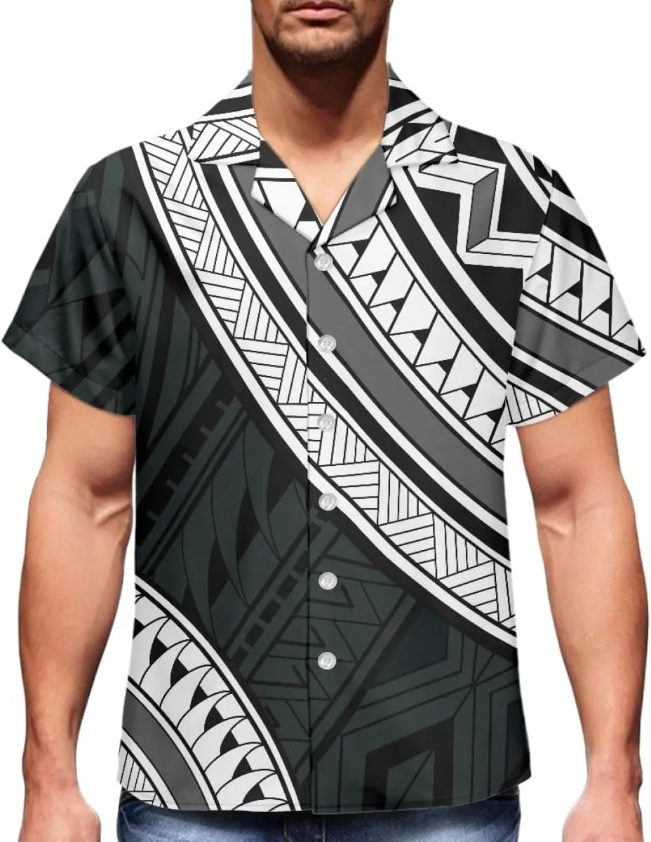 ENLACHIC Men's Polynesian Tribal Print Casual Short Sleeve Button Down Summer Beach Aloha Hawaiian Shirts