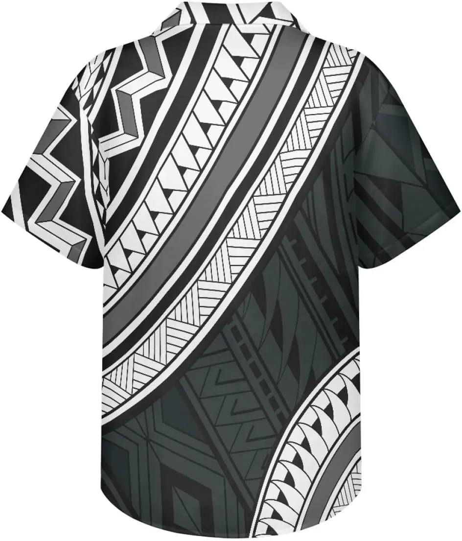 ENLACHIC Men's Polynesian Tribal Print Casual Short Sleeve Button Down Summer Beach Aloha Hawaiian Shirts