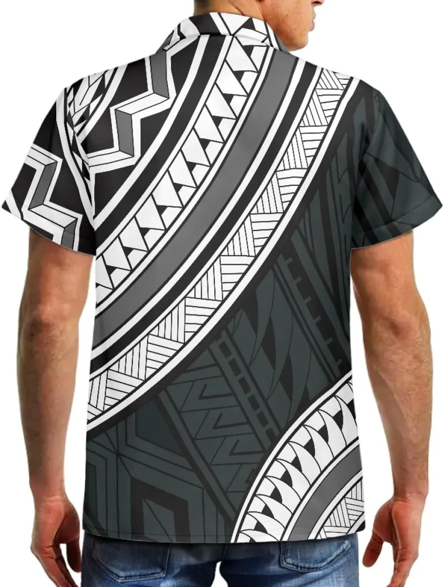 ENLACHIC Men's Polynesian Tribal Print Casual Short Sleeve Button Down Summer Beach Aloha Hawaiian Shirts