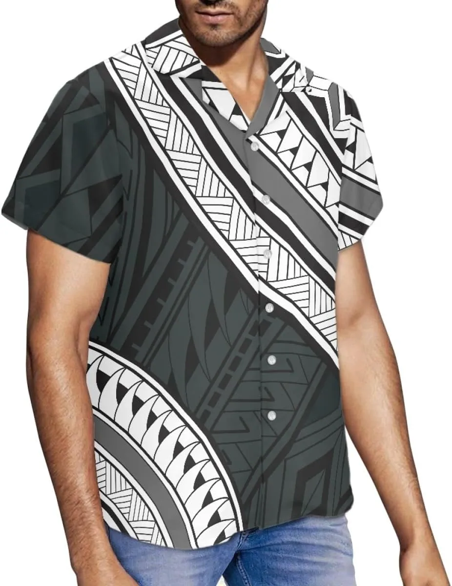 ENLACHIC Men's Polynesian Tribal Print Casual Short Sleeve Button Down Summer Beach Aloha Hawaiian Shirts