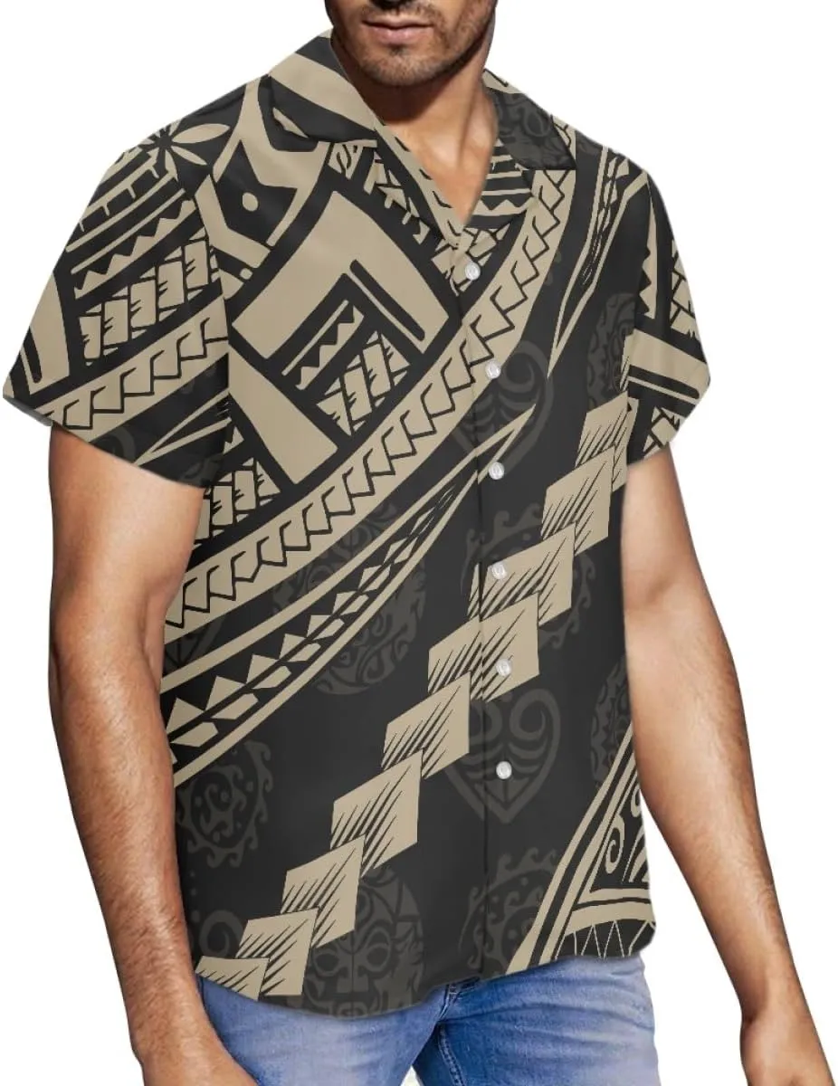 ENLACHIC Men's Polynesian Tribal Print Casual Short Sleeve Button Down Summer Beach Aloha Hawaiian Shirts