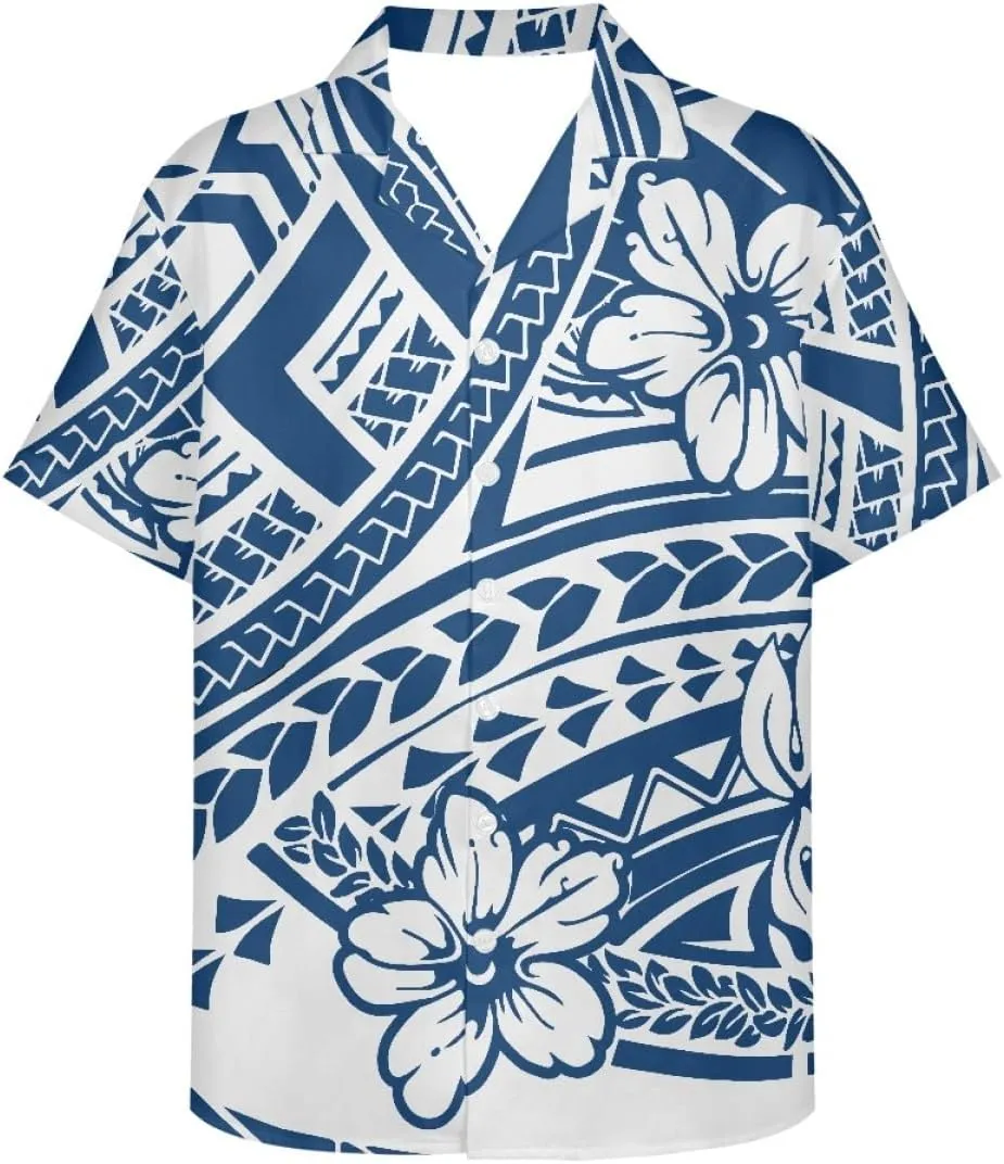 ENLACHIC Men's Polynesian Tribal Print Casual Short Sleeve Button Down Summer Beach Aloha Hawaiian Shirts