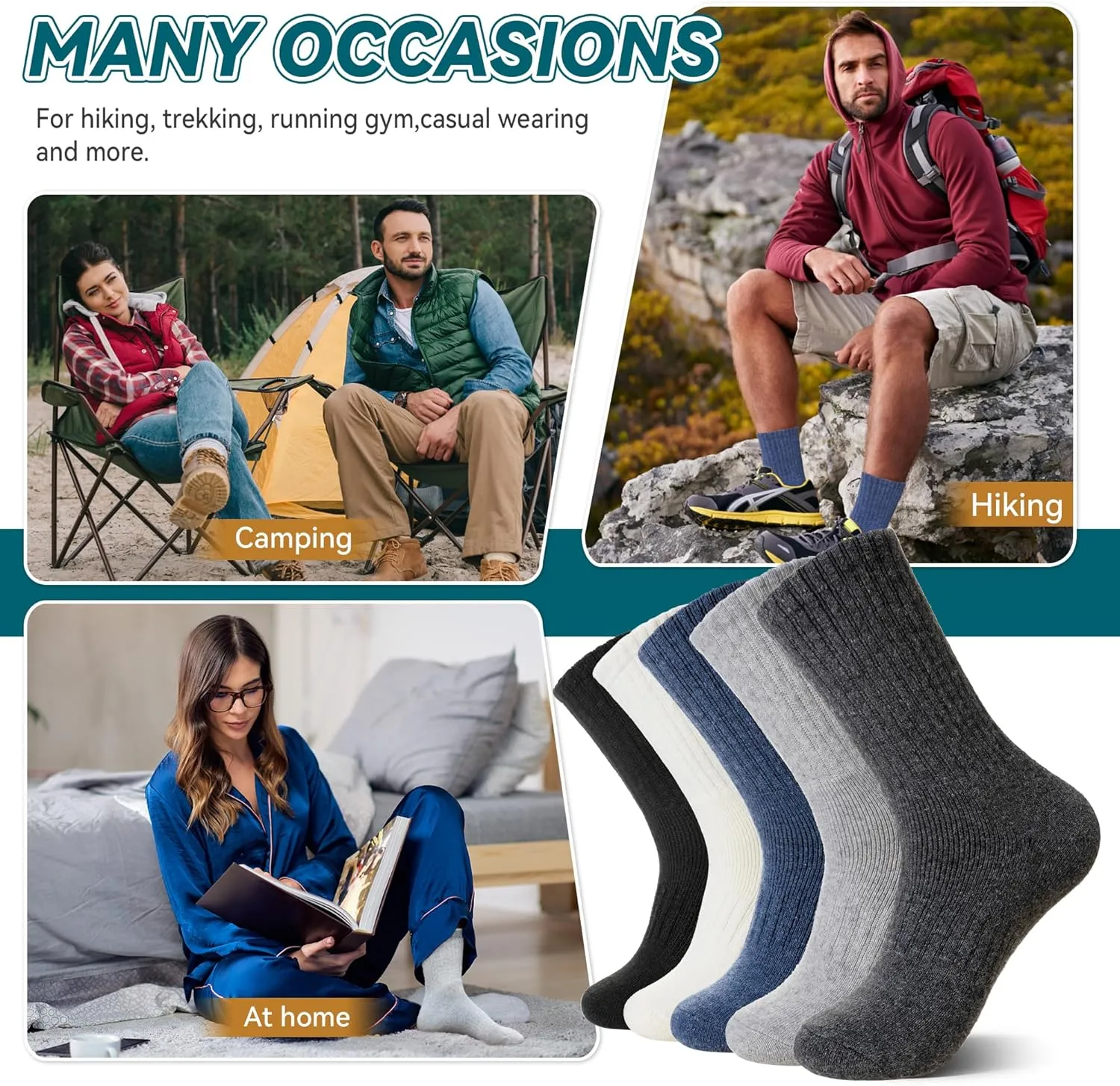 Eocom Merino Wool Hiking Socks for Women & Men Thermal Winter Warm Thick Cushion Crew Work Boot Socks 5 Pairs