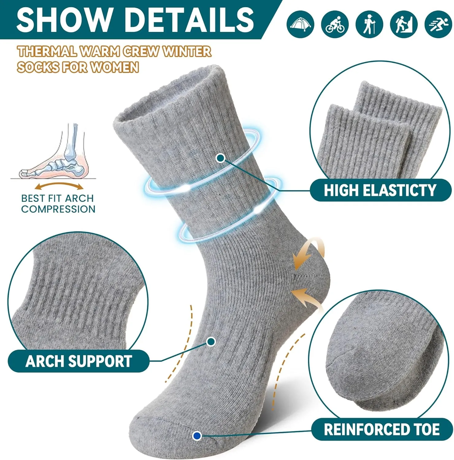 Eocom Merino Wool Hiking Socks for Women & Men Thermal Winter Warm Thick Cushion Crew Work Boot Socks 5 Pairs