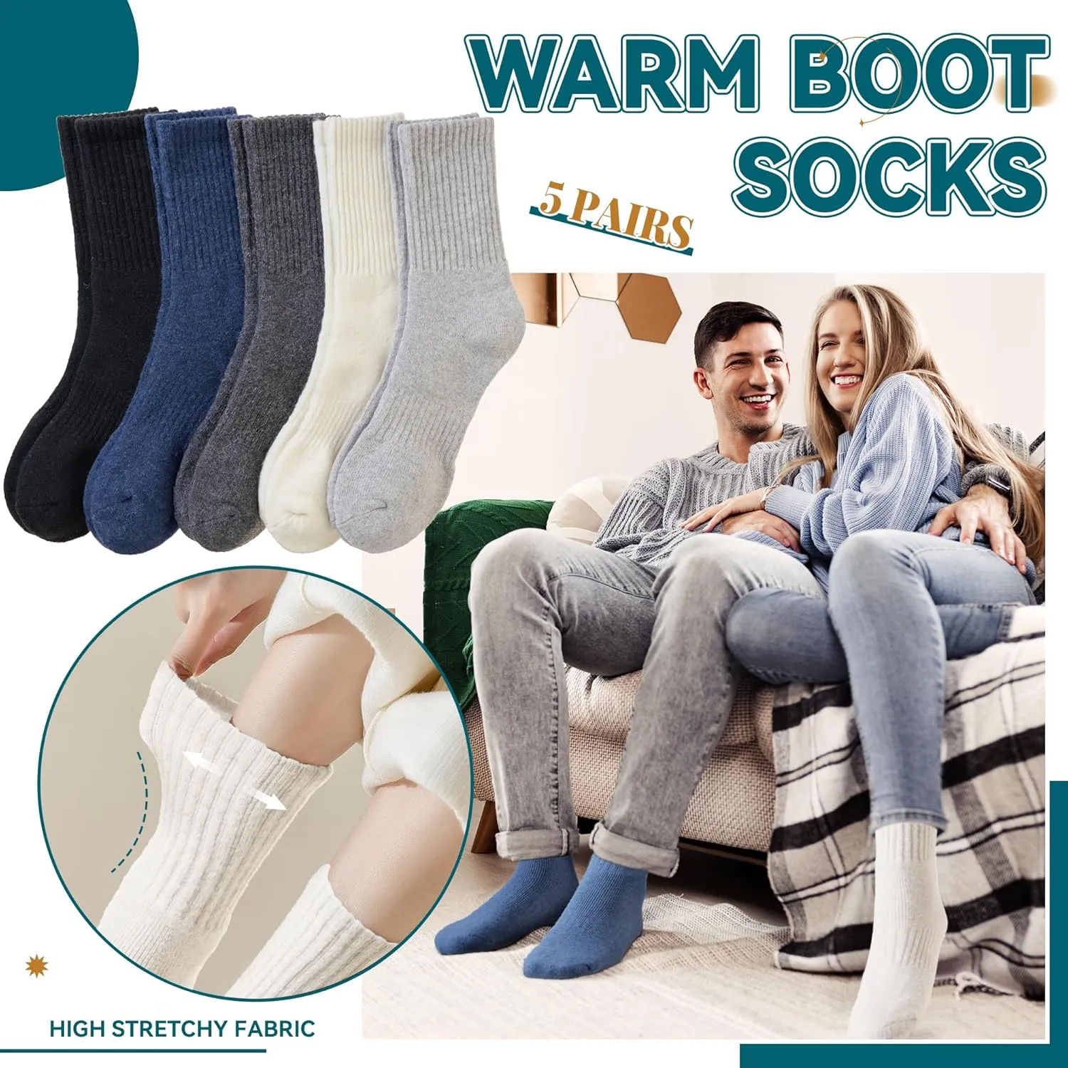 Eocom Merino Wool Hiking Socks for Women & Men Thermal Winter Warm Thick Cushion Crew Work Boot Socks 5 Pairs