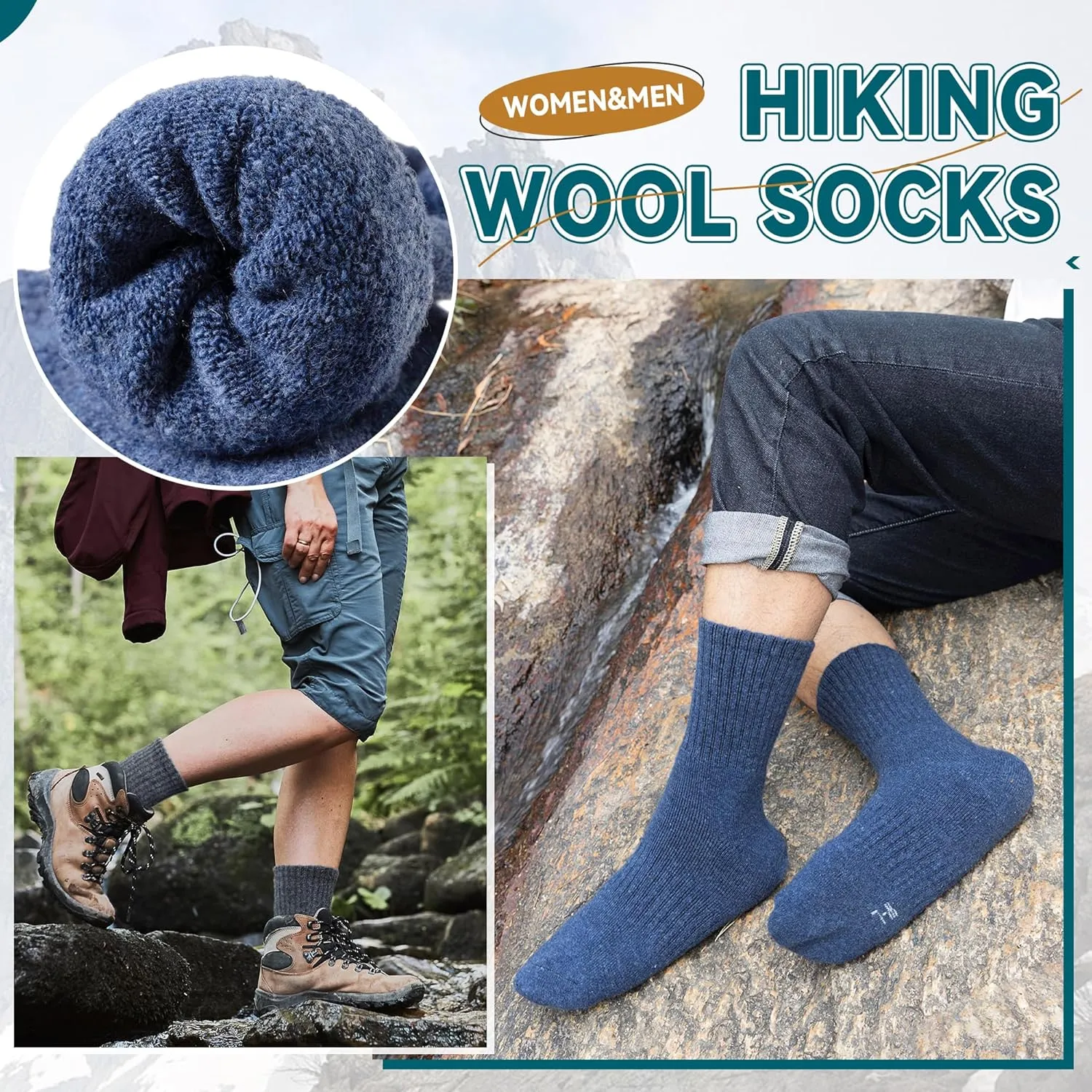 Eocom Merino Wool Hiking Socks for Women & Men Thermal Winter Warm Thick Cushion Crew Work Boot Socks 5 Pairs