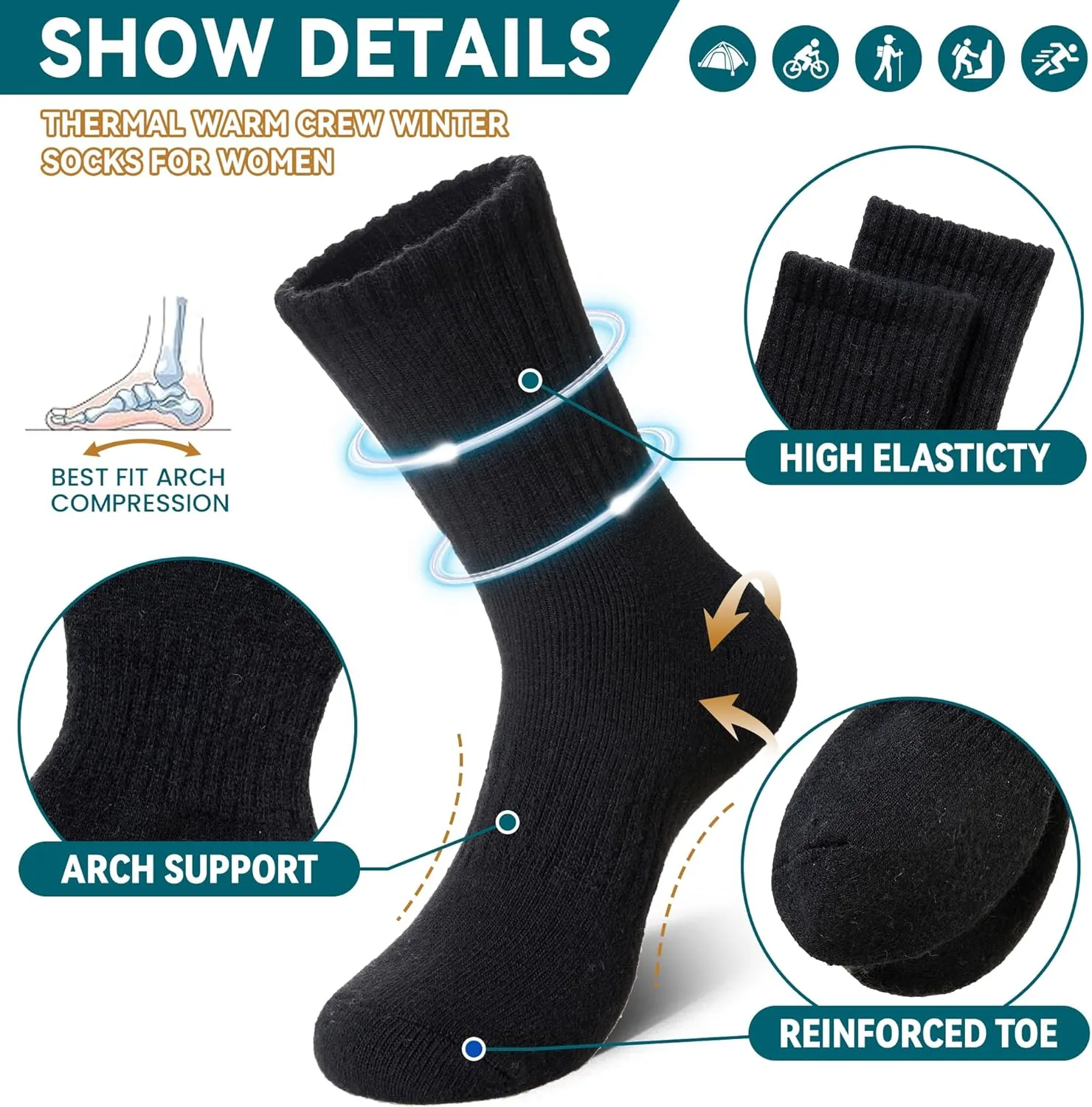 Eocom Merino Wool Hiking Socks for Women & Men Thermal Winter Warm Thick Cushion Crew Work Boot Socks 5 Pairs