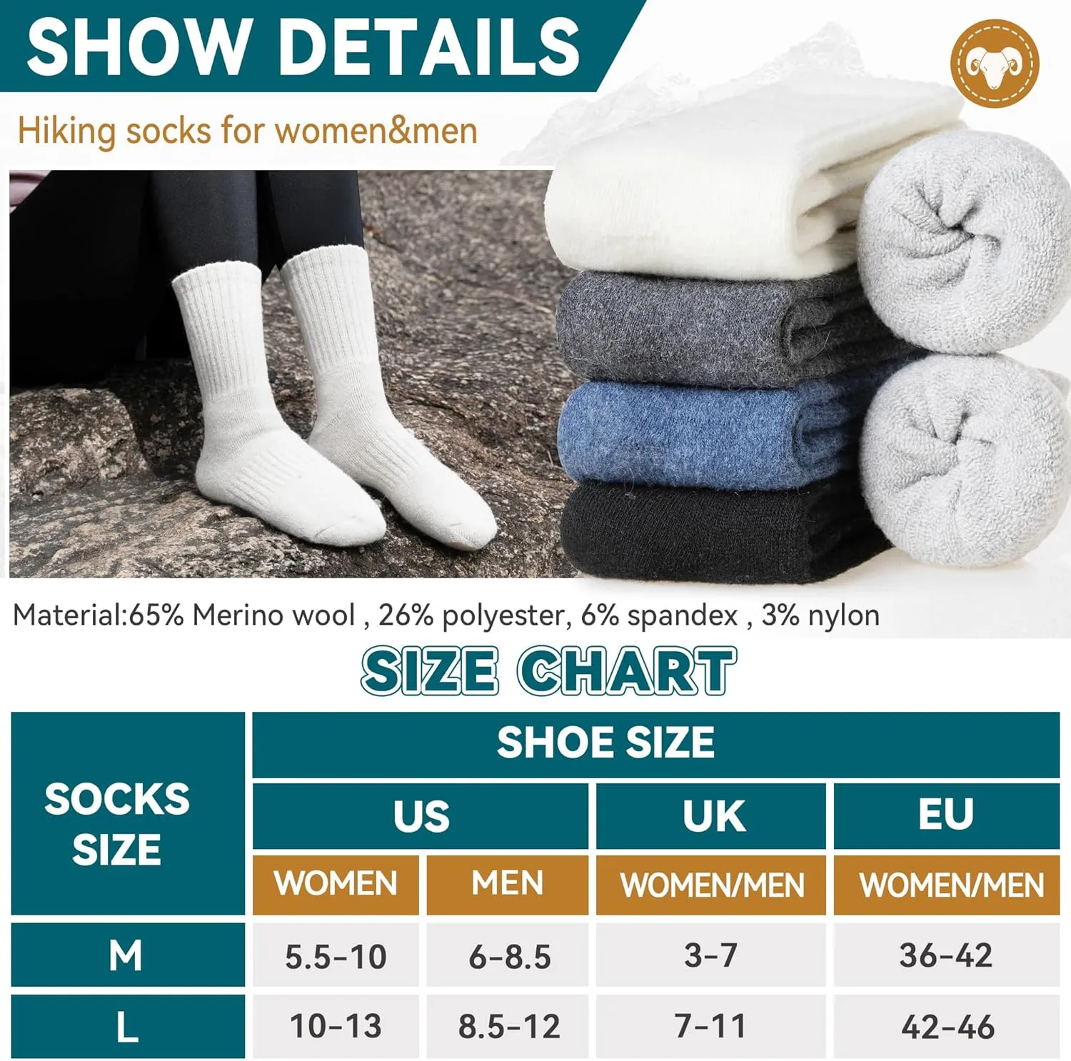 Eocom Merino Wool Hiking Socks for Women & Men Thermal Winter Warm Thick Cushion Crew Work Boot Socks 5 Pairs