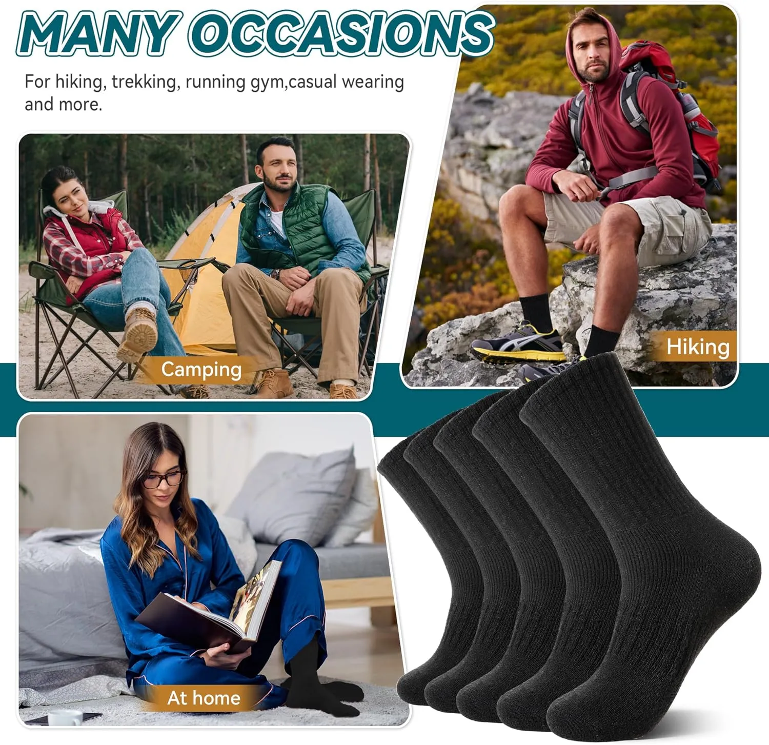 Eocom Merino Wool Hiking Socks for Women & Men Thermal Winter Warm Thick Cushion Crew Work Boot Socks 5 Pairs