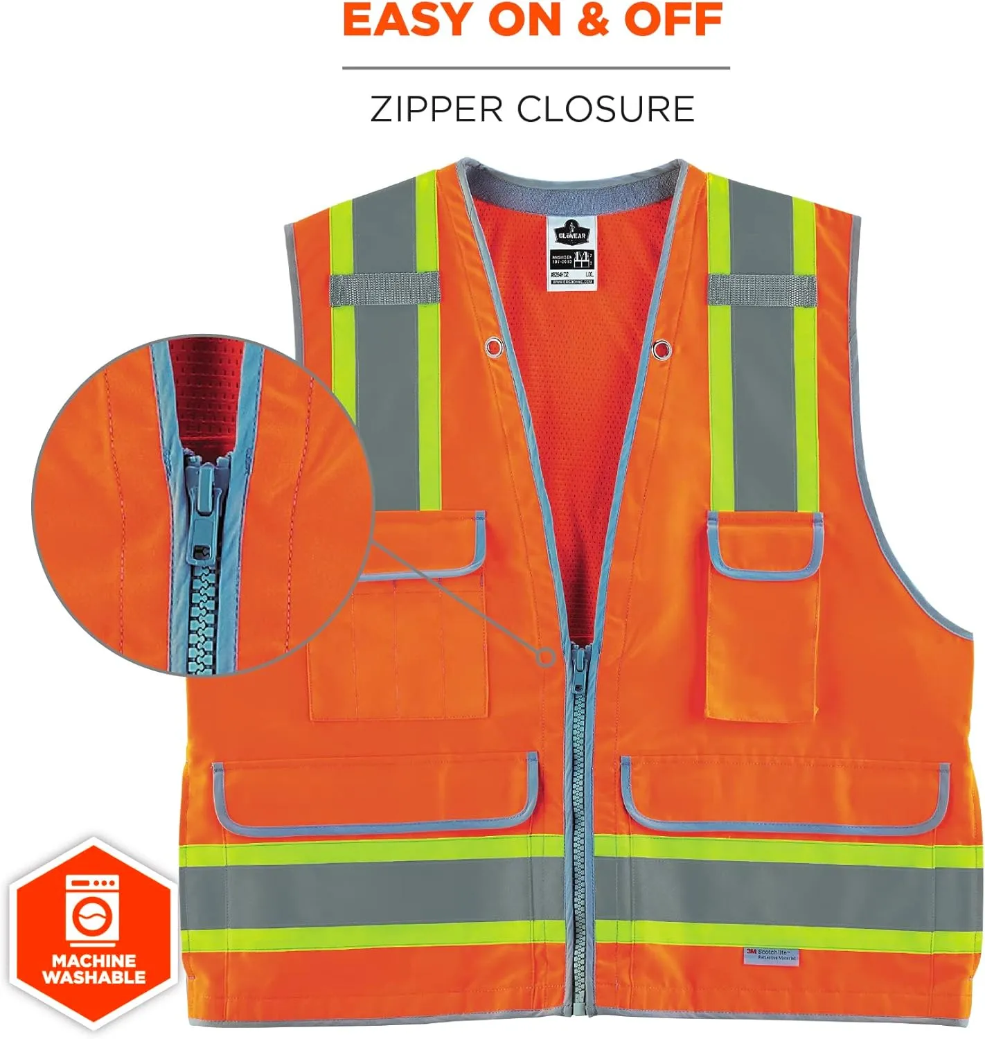 Ergodyne GloWear 8254HDZ Class 2 Heavy-Duty Surveyors Safety Vest ,Orange, Large/X-Large