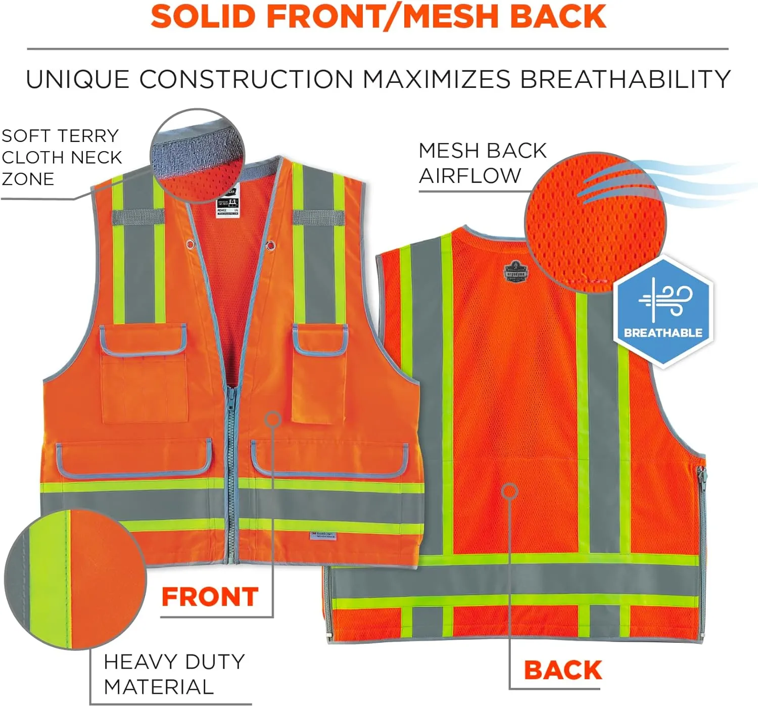 Ergodyne GloWear 8254HDZ Class 2 Heavy-Duty Surveyors Safety Vest ,Orange, Large/X-Large