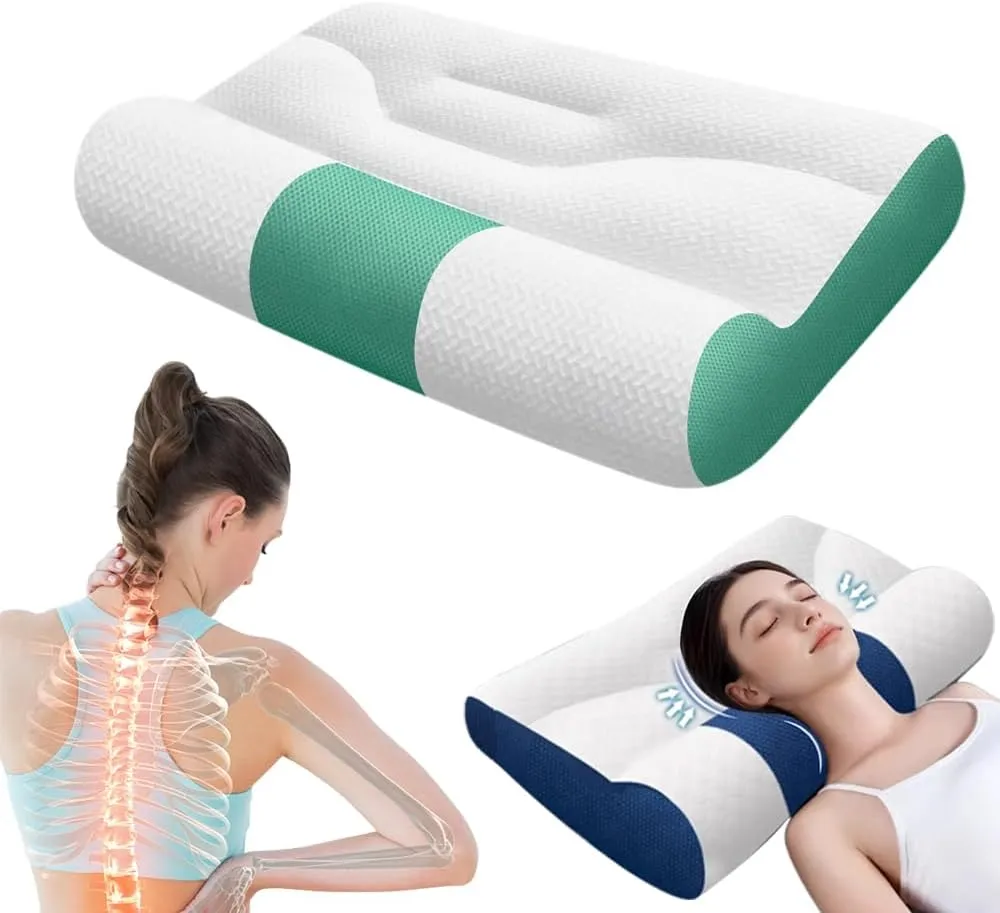 Ergonomic Goose Down Pillow,Sleep Enhancing Cervical Support Comfort Goose Memory Foam, Sleep Aid Neck Pillow for Side Back Stomach Sleeper Adults Contour Orthopedic Bed for Back Foam (Green)