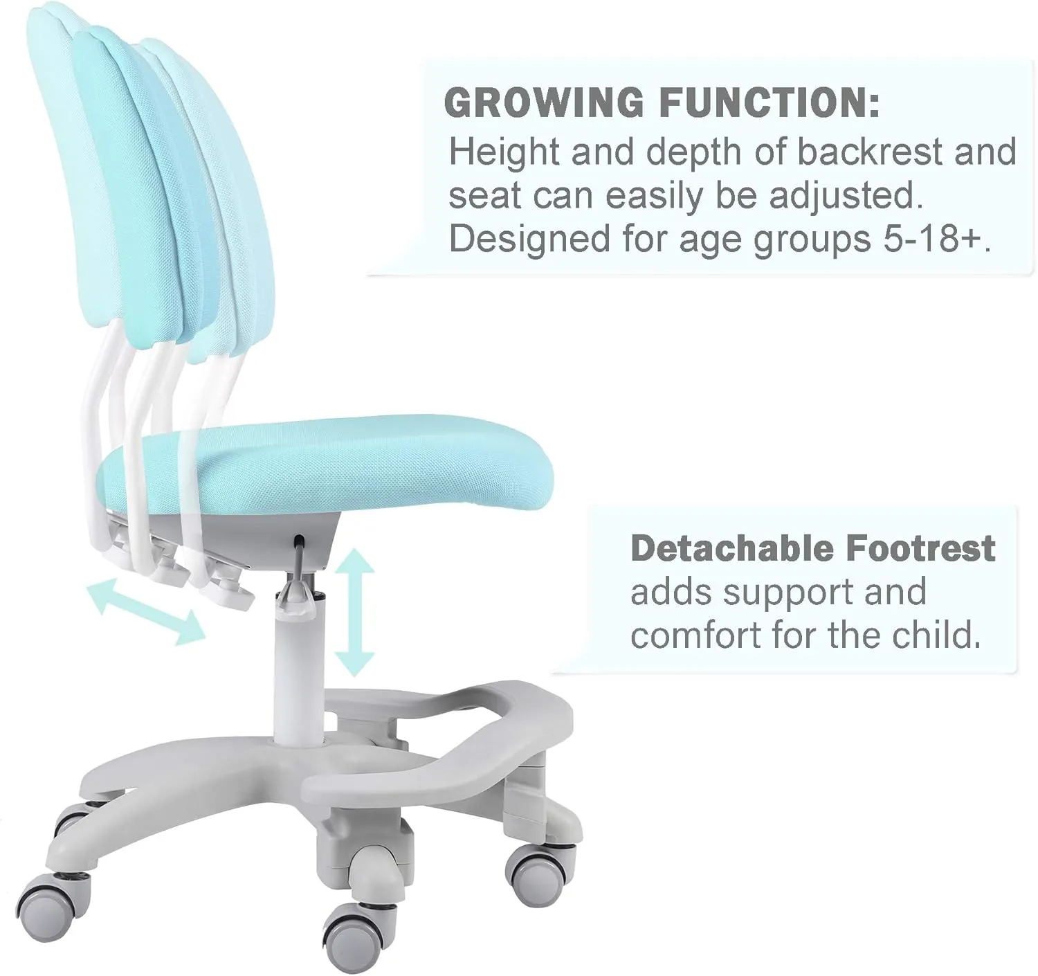 Ergonomic Kids Desk Chair, Child's Children Student Study Office Computer Chair, Adjustable Height and Seat Depth, Detachable Footrest and Lumbar Support (Blue, W/Chair Slipcovers)