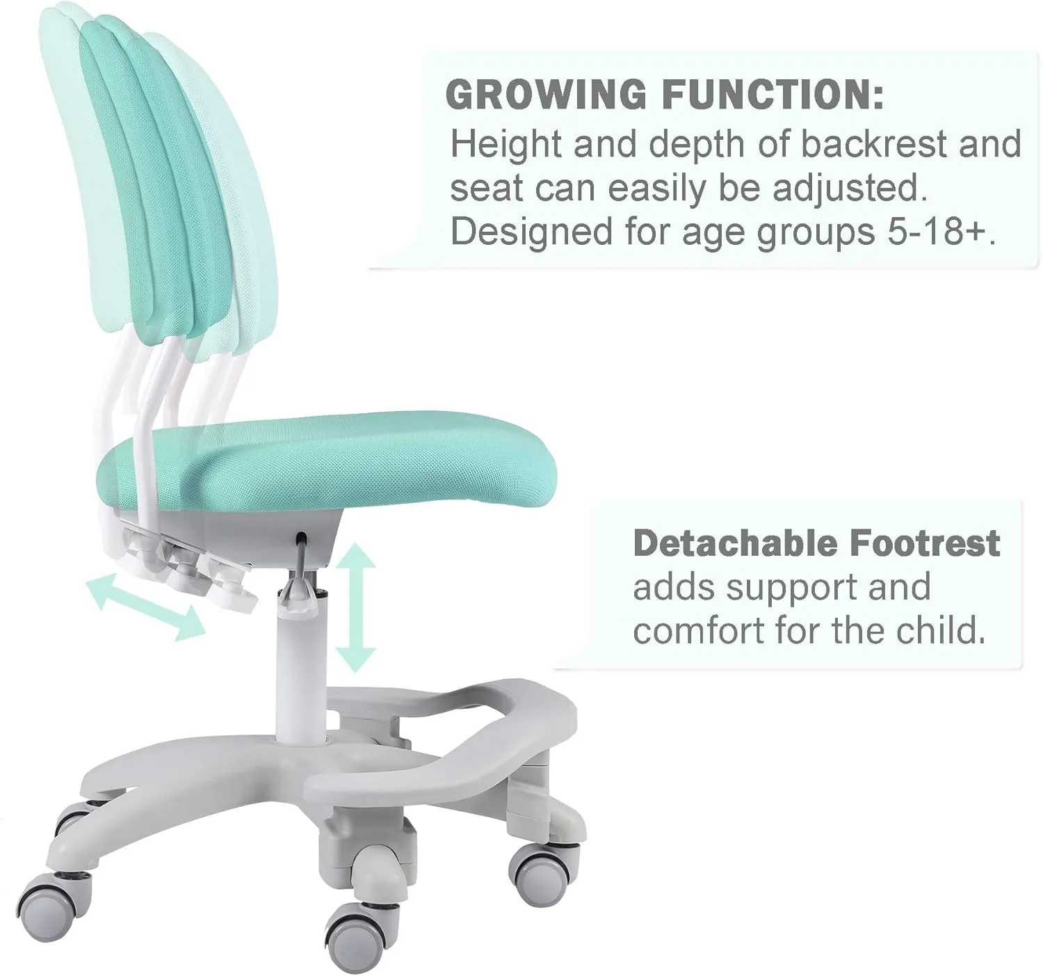 Ergonomic Kids Desk Chair, Child's Children Student Study Office Computer Chair, Adjustable Height and Seat Depth, Detachable Footrest and Lumbar Support (Green, W/Chair Slipcovers)